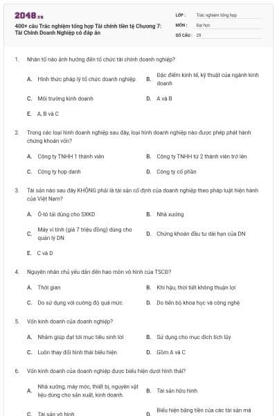 400+ câu Trắc nghiệm tổng hợp Tài chính tiền tệ Chương 7: Tài Chính Doanh Nghiệp có đáp án