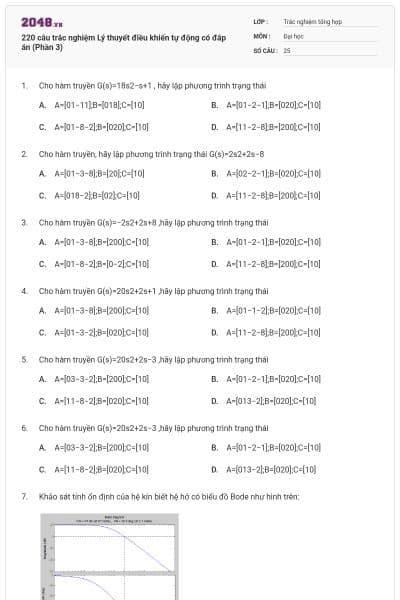 220 câu trắc nghiệm Lý thuyết điều khiển tự động có đáp án (Phần 3)