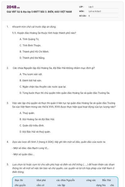 Giải VBT Sử & Địa lớp 5 KNTT BÀI 3. BIỂN, ĐẢO VIỆT NAM