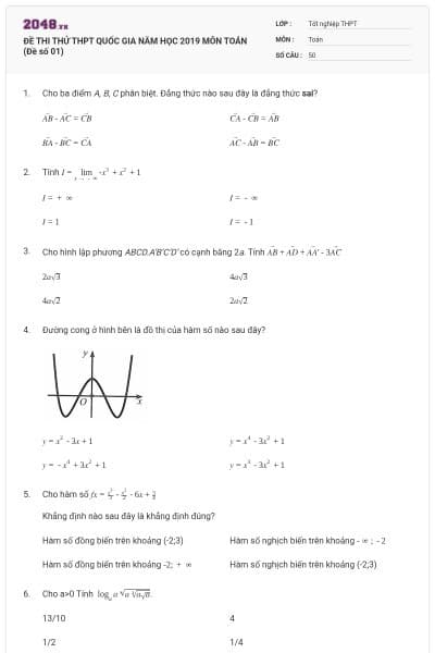 ĐỀ THI THỬ THPT QUỐC GIA NĂM HỌC 2019 MÔN TOÁN (Đề số 01)