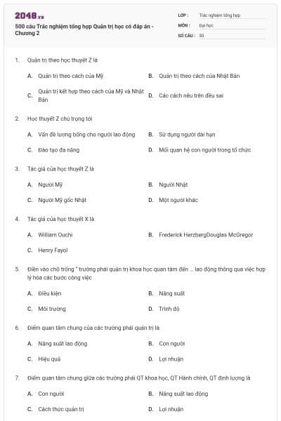 500 câu Trắc nghiệm tổng hợp Quản trị học có đáp án - Chương 2