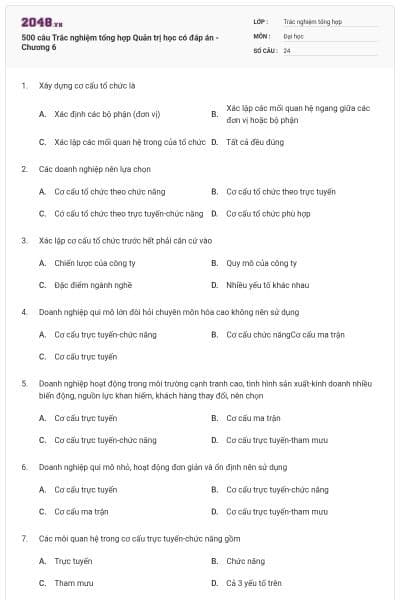 500 câu Trắc nghiệm tổng hợp Quản trị học có đáp án - Chương 6
