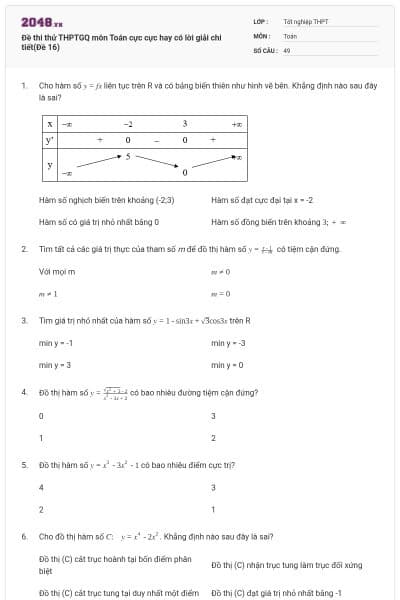 Đề thi thử THPTGQ môn Toán cực cực hay có lời giải chi tiết(Đề 16)