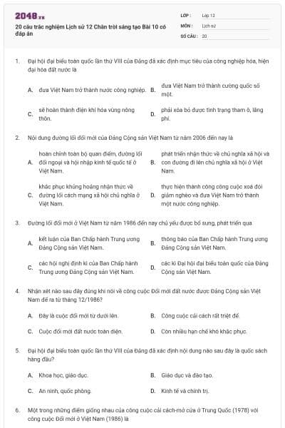 20 câu trắc nghiệm Lịch sử 12 Chân trời sáng tạo Bài 10 có đáp án