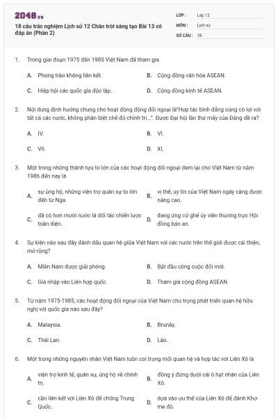 18 câu trắc nghiệm Lịch sử 12 Chân trời sáng tạo Bài 13 có đáp án (Phần 2)