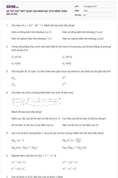 ĐỀ THI THỬ THPT QUỐC GIA NĂM HỌC 2019 MÔN TOÁN (Đề số 04)