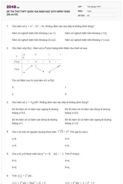 ĐỀ THI THỬ THPT QUỐC GIA NĂM HỌC 2019 MÔN TOÁN (Đề số 05)