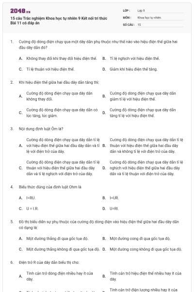 15 câu Trắc nghiệm Khoa học tự nhiên 9 Kết nối tri thức Bài 11 có đáp án