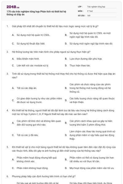 170 câu trắc nghiệm tổng hợp Phân tích và thiết kế hệ thống có đáp án