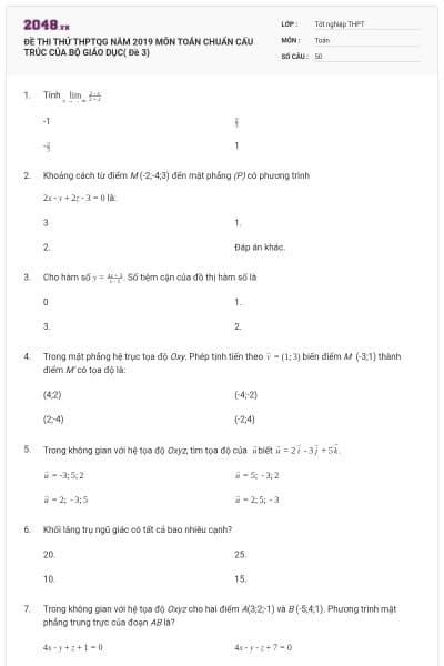 ĐỀ THI THỬ THPTQG NĂM 2019 MÔN TOÁN CHUẨN CẤU TRÚC CỦA BỘ GIÁO DỤC( Đề 3)