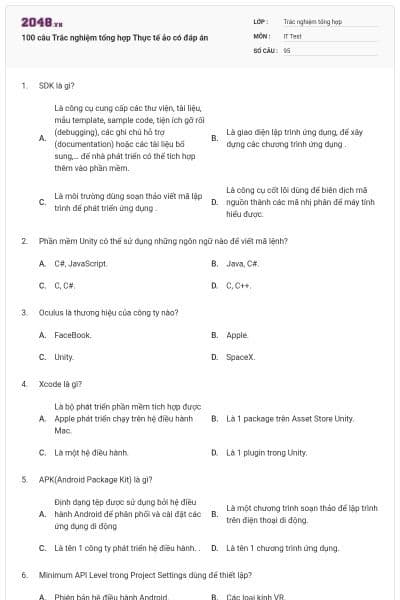 100 câu Trắc nghiệm tổng hợp Thực tế ảo có đáp án