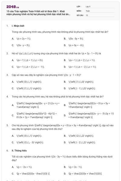 15 câu Trắc nghiệm Toán 9 Kết nối tri thức Bài 1. Khái niệm phương trình và hệ hai phương trình bậc nhất hai ẩn có đáp án
