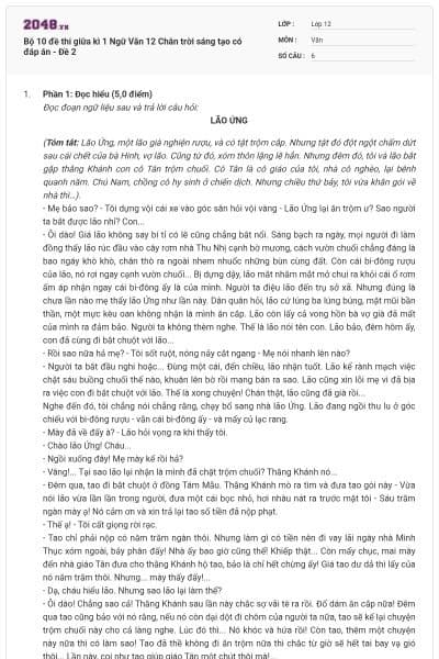 Bộ 10 đề thi giữa kì 1 Ngữ Văn 12 Chân trời sáng tạo có đáp án - Đề 2