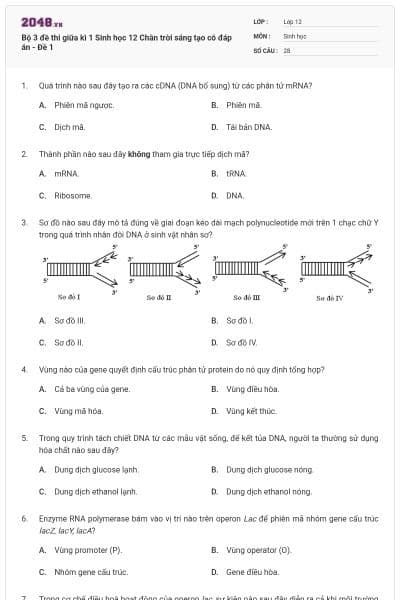 Bộ 3 đề thi giữa kì 1 Sinh học 12 Chân trời sáng tạo có đáp án - Đề 1
