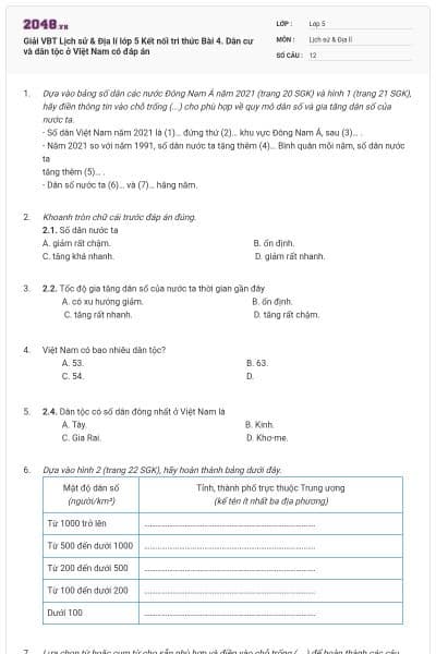 Giải VBT Lịch sử & Địa lí lớp 5 Kết nối tri thức Bài 4. Dân cư và dân tộc ở Việt Nam có đáp án