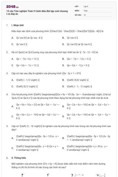 15 câu Trắc nghiệm Toán 9 Cánh diều Bài tập cuối chương I có đáp án