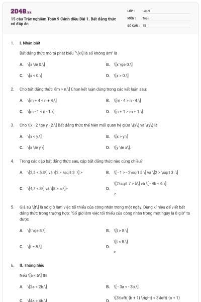 15 câu Trắc nghiệm Toán 9 Cánh diều Bài 1. Bất đẳng thức có đáp án