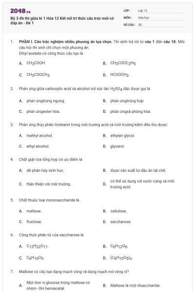 Bộ 3 đề thi giữa kì 1 Hóa 12 Kết nối tri thức cấu trúc mới có đáp án - Đề 1