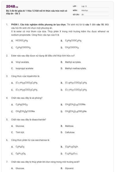 Bộ 3 đề thi giữa kì 1 Hóa 12 Kết nối tri thức cấu trúc mới có đáp án - Đề 3