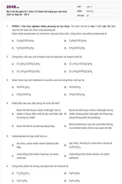 Bộ 3 đề thi giữa kì 1 Hóa 12 Chân trời sáng tạo cấu trúc mới có đáp án - Đề 2