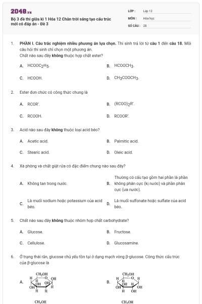 Bộ 3 đề thi giữa kì 1 Hóa 12 Chân trời sáng tạo cấu trúc mới có đáp án - Đề 3
