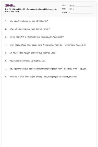 Bài 21: Những biến đổi của nhà nước phong kiến trong các thế kỉ XVI-XVIII