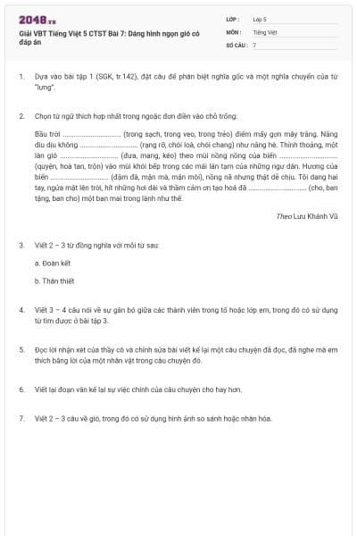 Giải VBT Tiếng Việt 5 CTST Bài 7: Dáng hình ngọn gió có đáp án