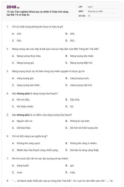 15 câu Trắc nghiệm Khoa học tự nhiên 9 Chân trời sáng tạo Bài 14 có đáp án