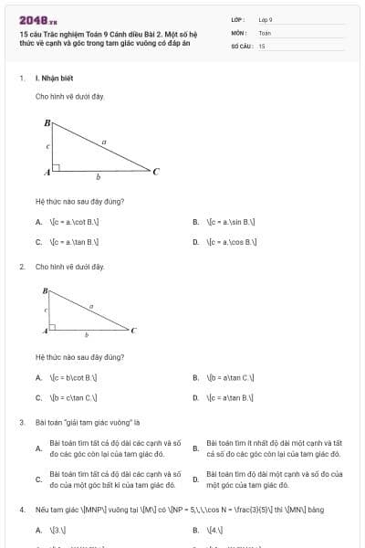 15 câu Trắc nghiệm Toán 9 Cánh diều Bài 2. Một số hệ thức về cạnh và góc trong tam giác vuông có đáp án