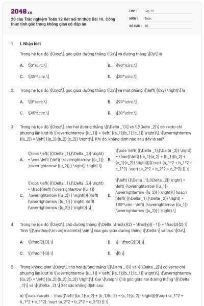 20 câu Trắc nghiệm Toán 12 Kết nối tri thức Bài 16. Công thức tính góc trong không gian có đáp án