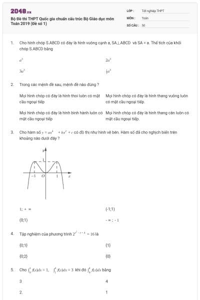 Bộ Đề thi THPT Quốc gia chuẩn cấu trúc Bộ Giáo dục môn Toán 2019 (Đề số 1)
