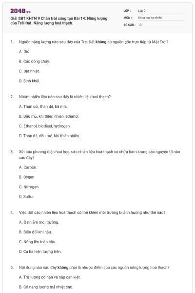 Giải SBT KHTN 9 Chân trời sáng tạo Bài 14: Năng lượng của Trái Đất. Năng lượng hoá thạch.