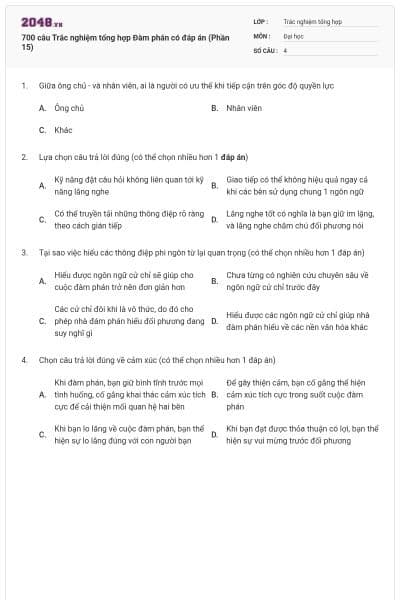 700 câu Trắc nghiệm tổng hợp Đàm phán có đáp án (Phần 15)