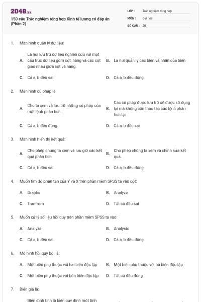 150 câu Trắc nghiệm tổng hợp Kinh tế lượng có đáp án (Phần 2)