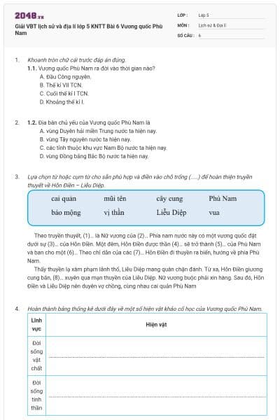 Giải VBT lịch sử và địa lí lớp 5 KNTT Bài 6 Vương quốc Phù Nam
