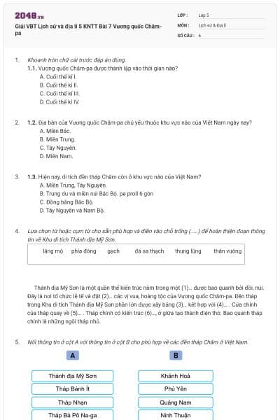 Giải VBT Lịch sử và địa lí 5 KNTT Bài 7 Vương quốc Chăm-pa