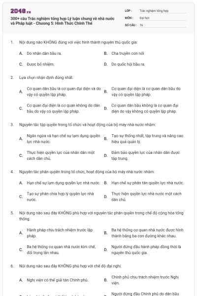 300+ câu Trắc nghiệm tổng hợp Lý luận chung về nhà nước và Pháp luật - Chương 5: Hình Thức Chính Thể