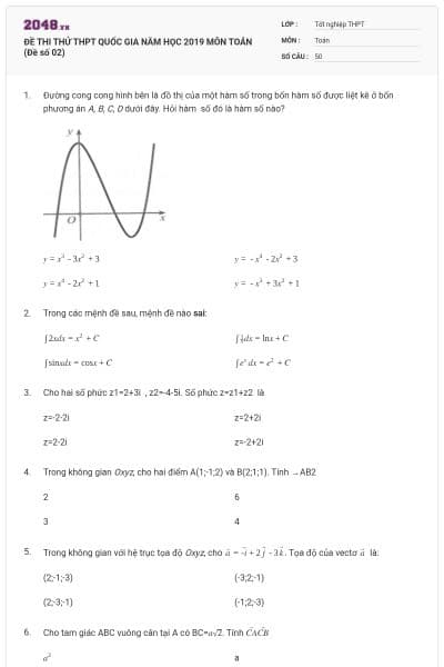 ĐỀ THI THỬ THPT QUỐC GIA NĂM HỌC 2019 MÔN TOÁN (Đề số 02)
