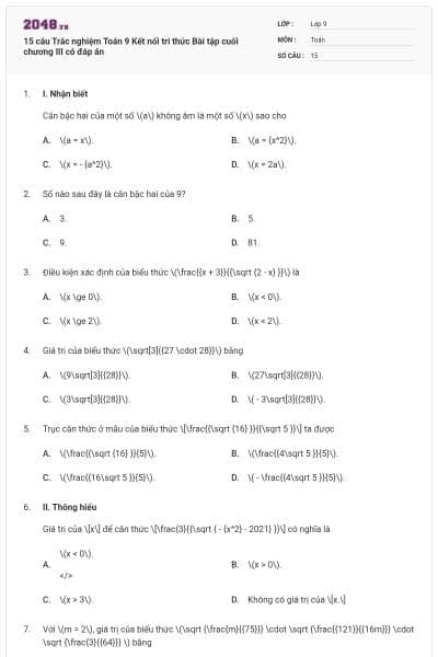 15 câu Trắc nghiệm Toán 9 Kết nối tri thức Bài tập cuối chương III có đáp án