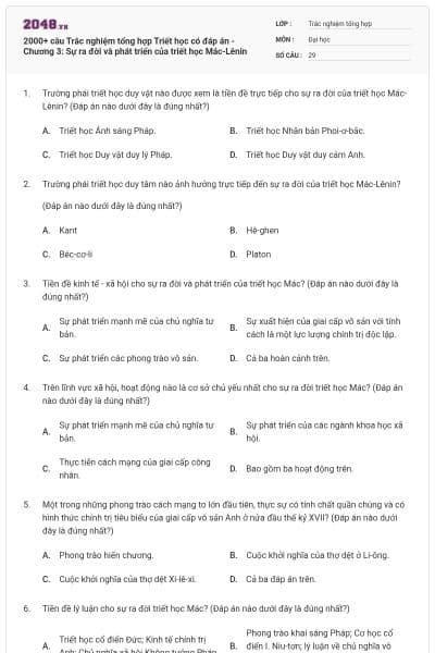 2000+ câu Trắc nghiệm tổng hợp Triết học có đáp án - Chương 3: Sự ra đời và phát triển của triết học Mác-Lênin