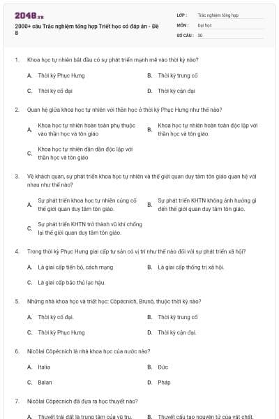 2000+ câu Trắc nghiệm tổng hợp Triết học có đáp án - Đề 8