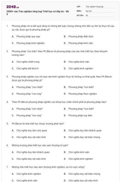 2000+ câu Trắc nghiệm tổng hợp Triết học có đáp án - Đề 9