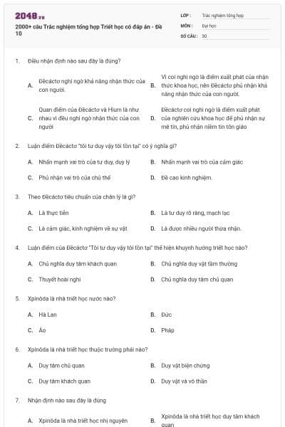 2000+ câu Trắc nghiệm tổng hợp Triết học có đáp án - Đề 10