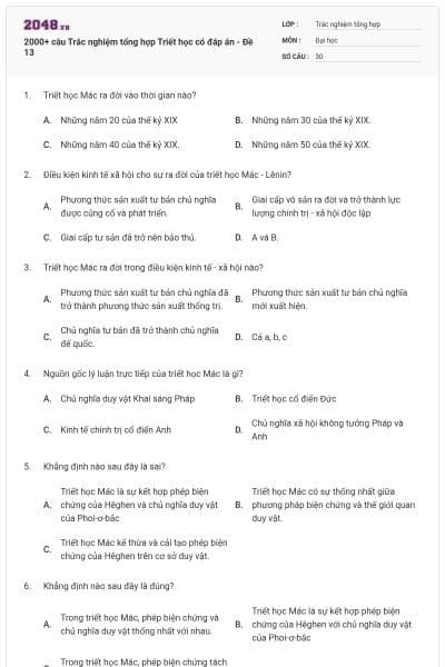 2000+ câu Trắc nghiệm tổng hợp Triết học có đáp án - Đề 13
