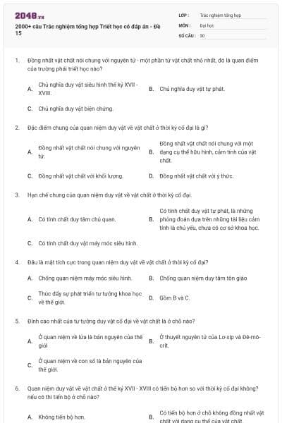 2000+ câu Trắc nghiệm tổng hợp Triết học có đáp án - Đề 15