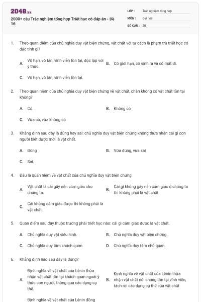 2000+ câu Trắc nghiệm tổng hợp Triết học có đáp án - Đề 16