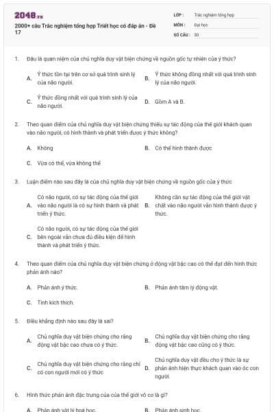 2000+ câu Trắc nghiệm tổng hợp Triết học có đáp án - Đề 17