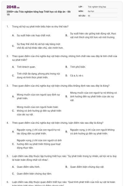 2000+ câu Trắc nghiệm tổng hợp Triết học có đáp án - Đề 19