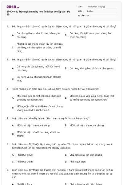 2000+ câu Trắc nghiệm tổng hợp Triết học có đáp án - Đề 20
