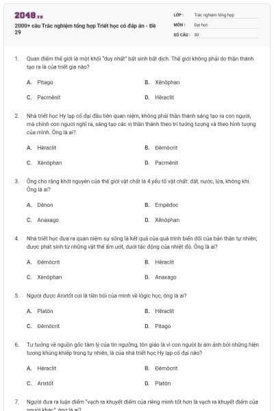 2000+ câu Trắc nghiệm tổng hợp Triết học có đáp án - Đề 29